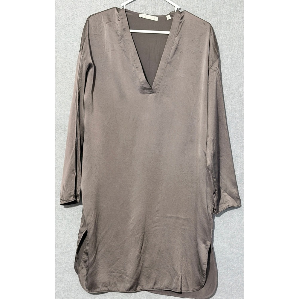 Vince 100% Silk VNeck Tunic Dress S Taupe Shift Quiet Luxury Earthy Minimalist